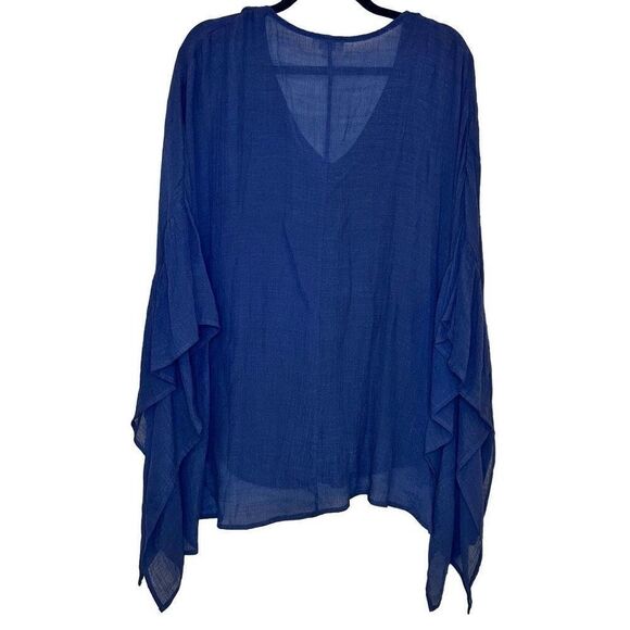 Umgee V-Neck Ruffle Bell Sleeve Rayon Blend Hi-Low Tunic Blouse Top Blue Medium - Picture 2 of 4
